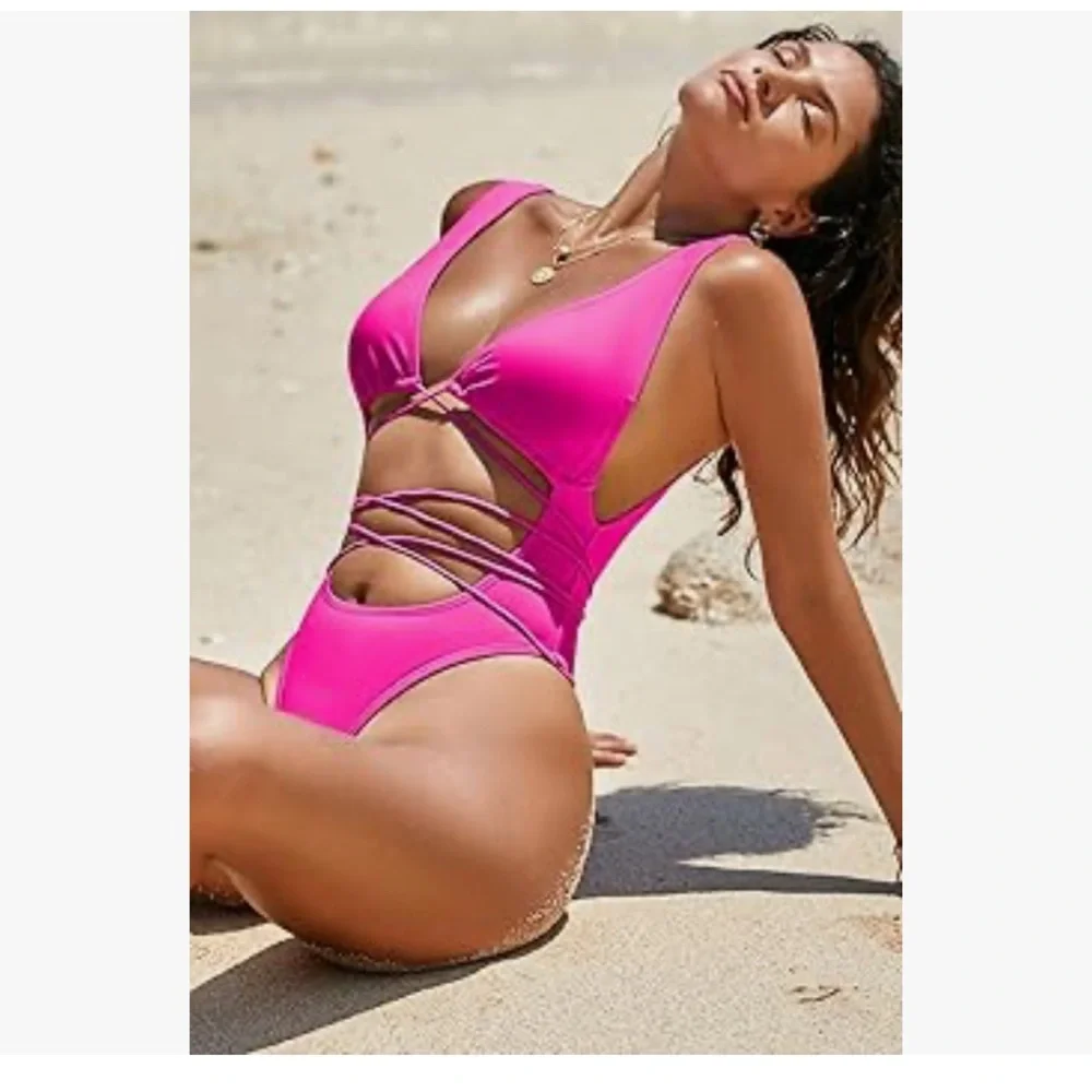 Hot Pink Strappy One-Piece Swimsuit - Picture 5 of 9